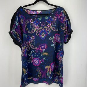 Spense Womens XL Paisley Floral Cold Shoulder Blouse Mixed Print Top Boho Artsy